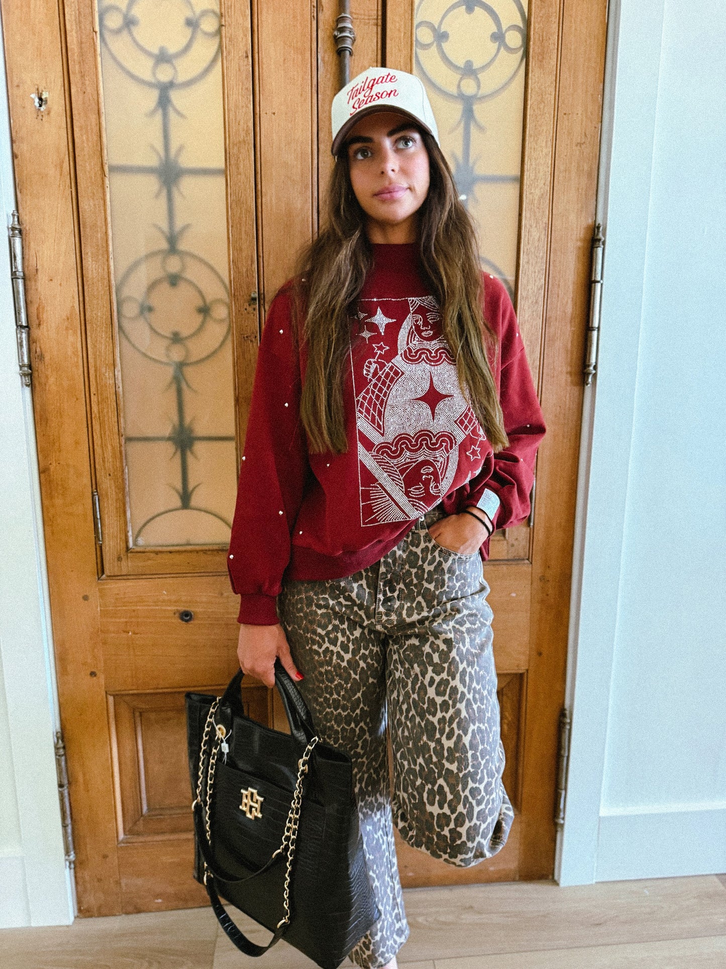 Maroon & Grey Scattered Jewel QOS Card Logo Mock Neck Sweatshirt