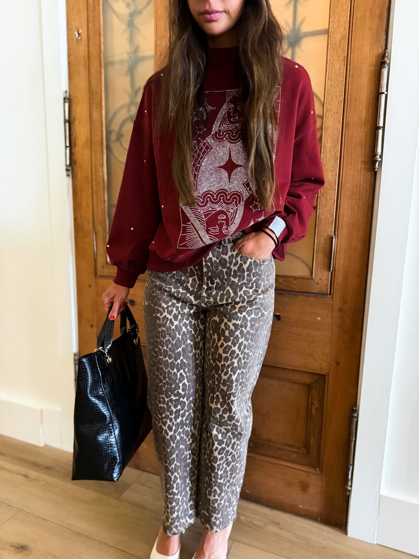 Maroon & Grey Scattered Jewel QOS Card Logo Mock Neck Sweatshirt