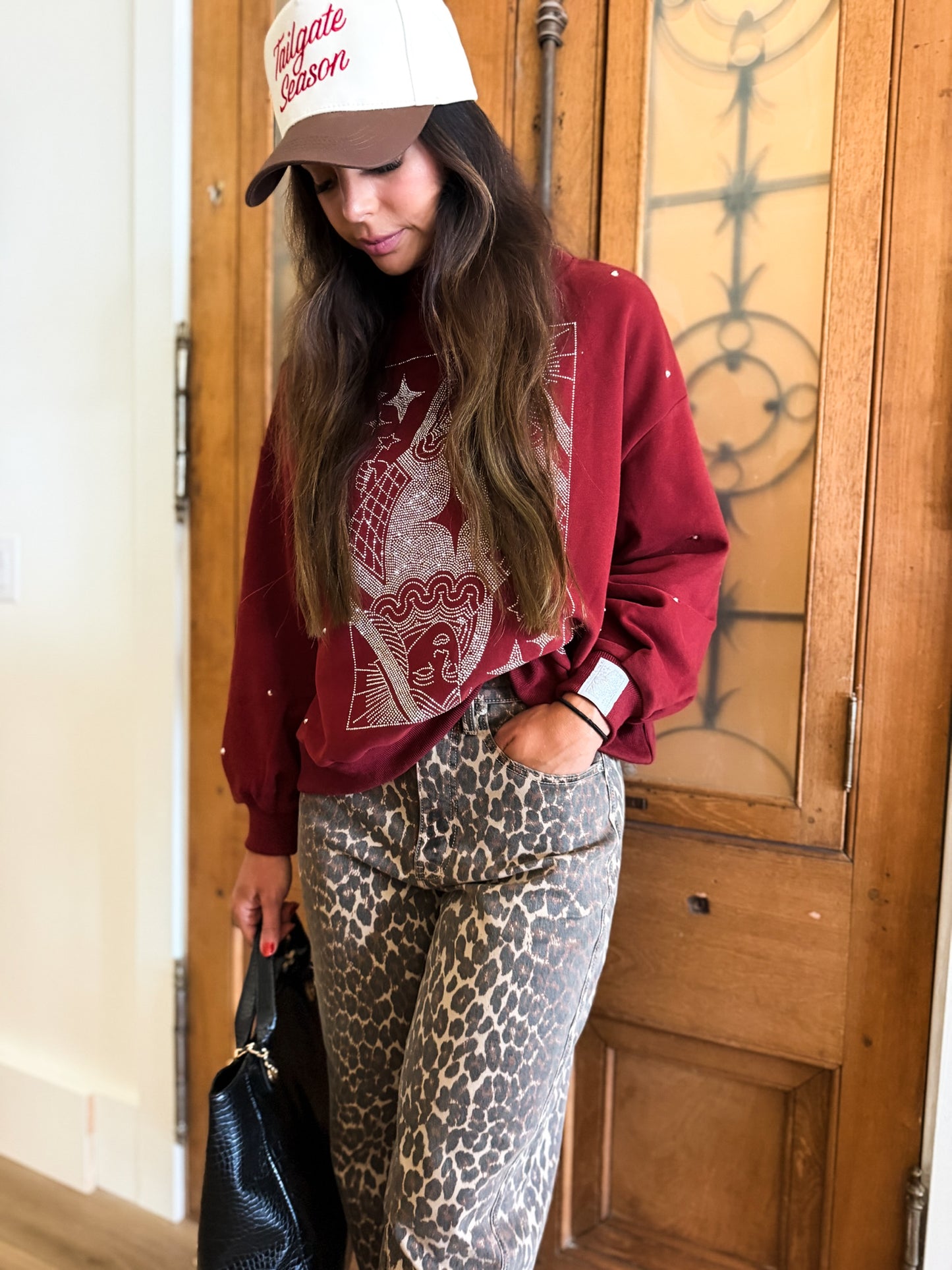Maroon & Grey Scattered Jewel QOS Card Logo Mock Neck Sweatshirt