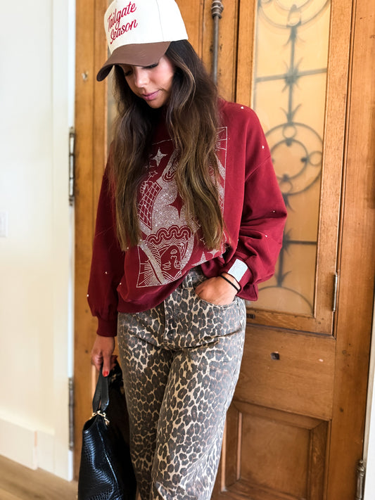 Maroon & Grey Scattered Jewel QOS Card Logo Mock Neck Sweatshirt