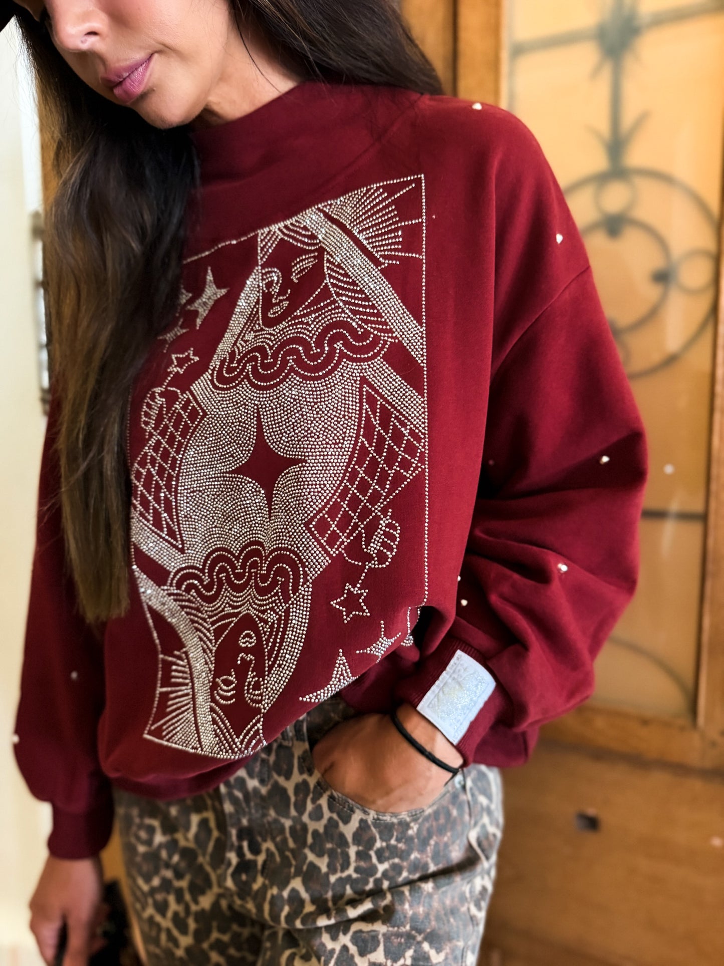 Maroon & Grey Scattered Jewel QOS Card Logo Mock Neck Sweatshirt