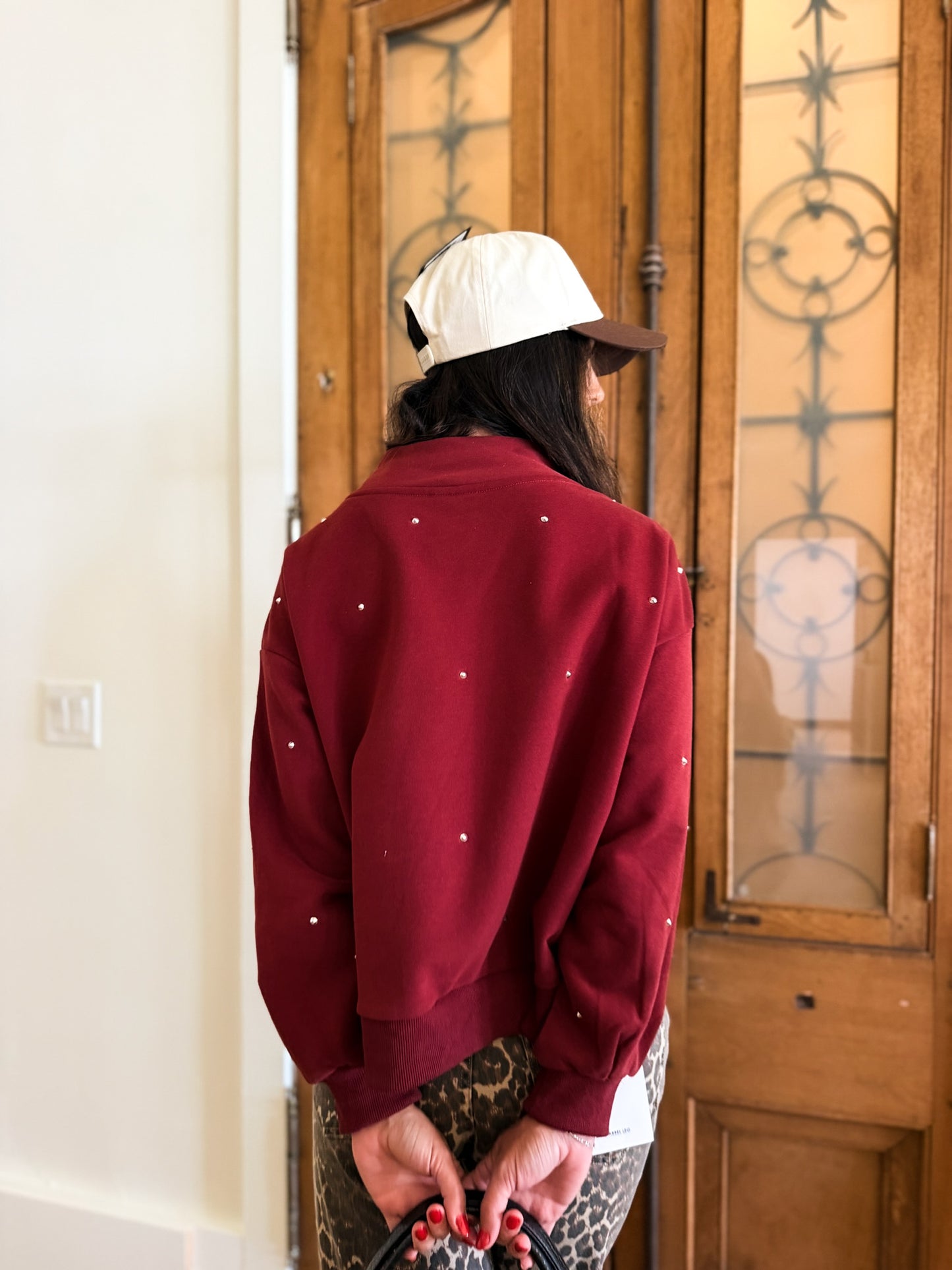 Maroon & Grey Scattered Jewel QOS Card Logo Mock Neck Sweatshirt
