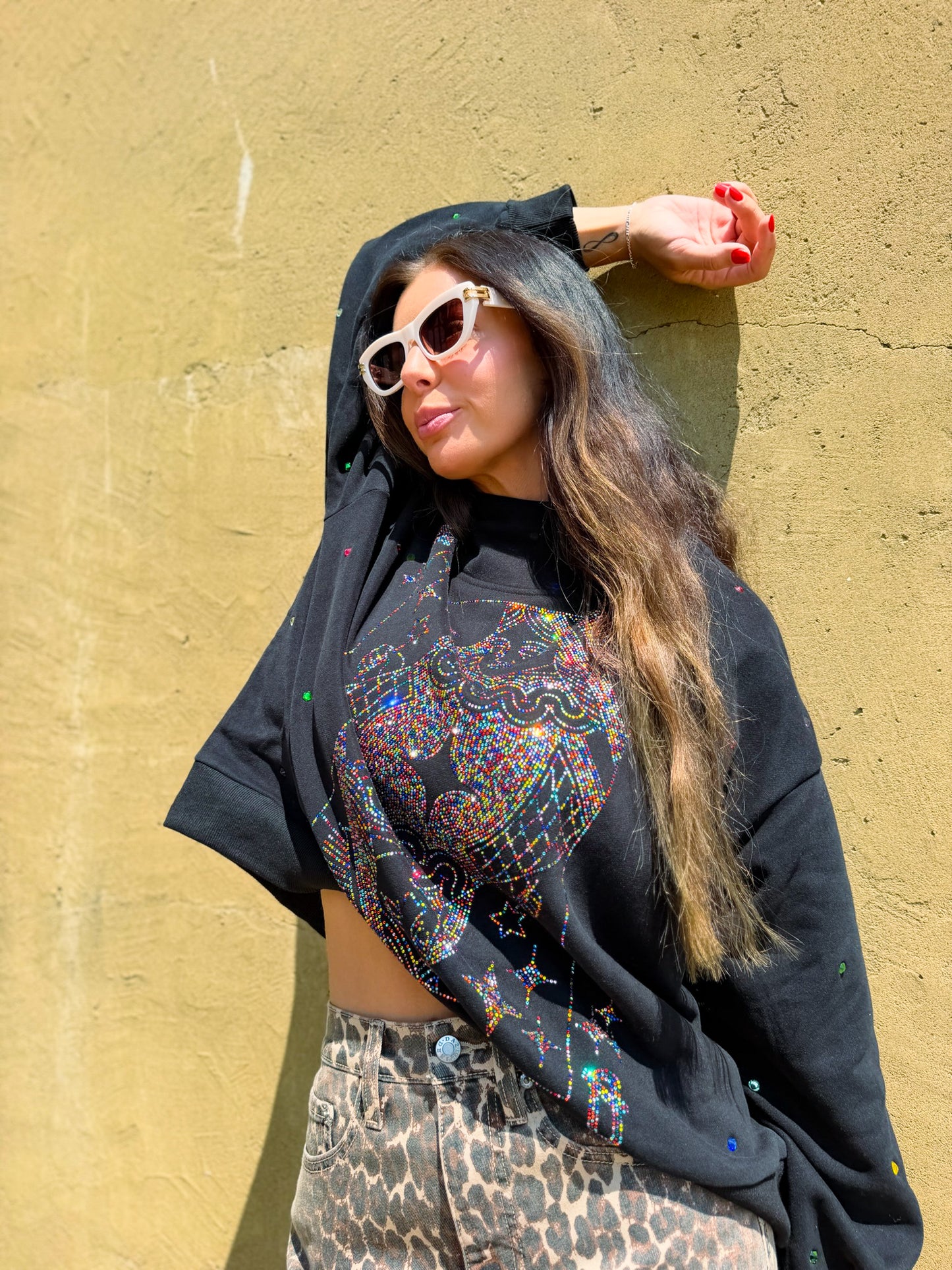 Black Rainbow Rhinestone QOS Card Logo Mock Neck Sweatshirt