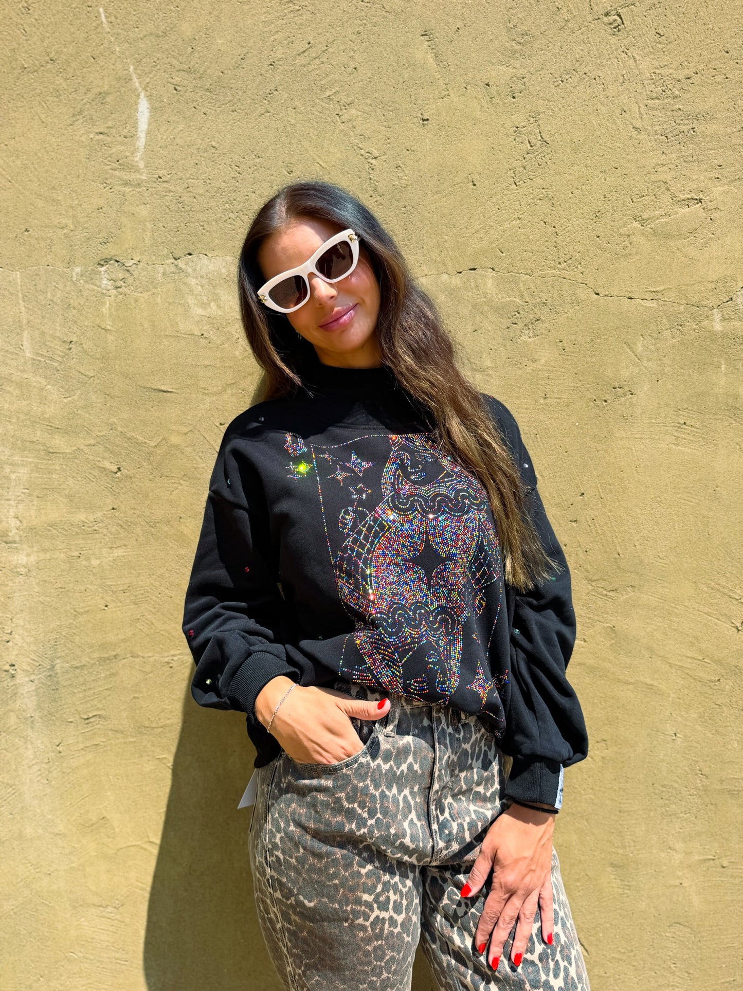 Black Rainbow Rhinestone QOS Card Logo Mock Neck Sweatshirt