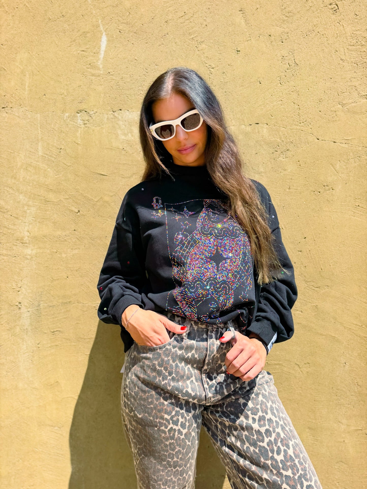 Black Rainbow Rhinestone QOS Card Logo Mock Neck Sweatshirt