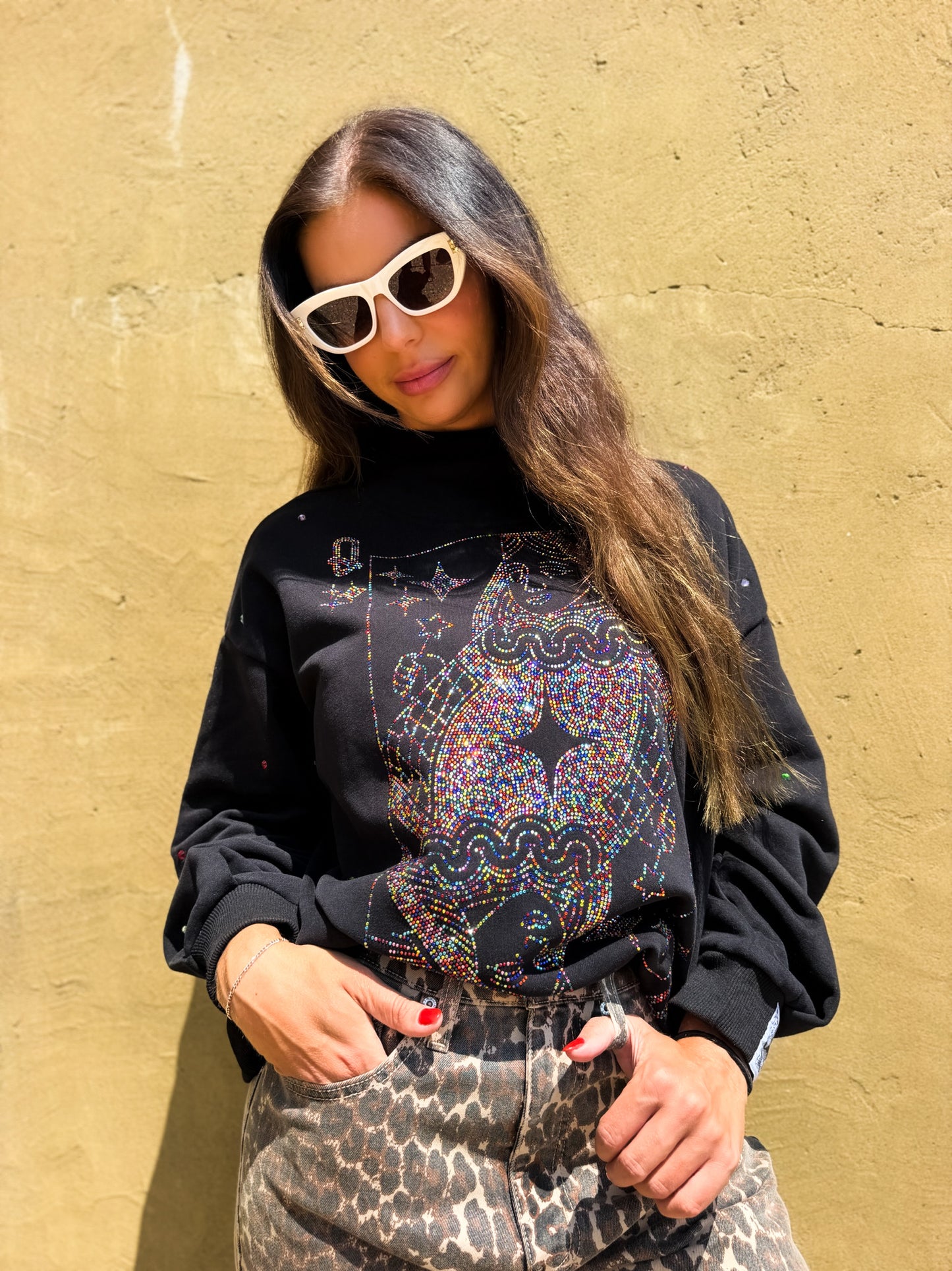 Black Rainbow Rhinestone QOS Card Logo Mock Neck Sweatshirt