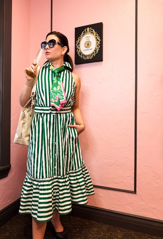 Prosperina Lourdes Green Stripe Cotton Sleeveless Midi Dress