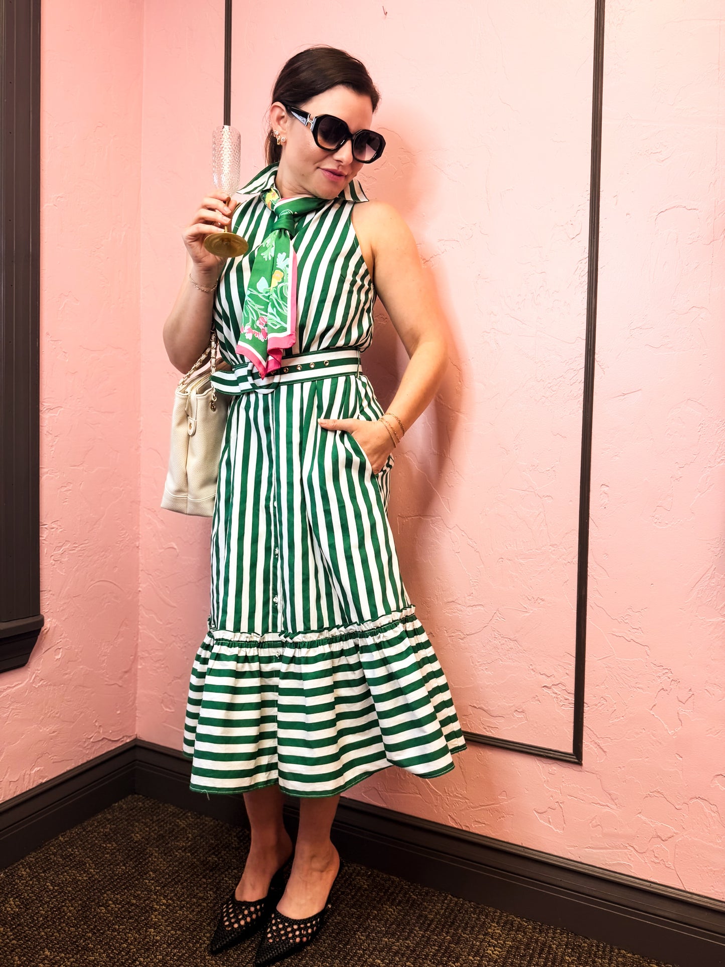 Prosperina Lourdes Green Stripe Cotton Sleeveless Midi Dress