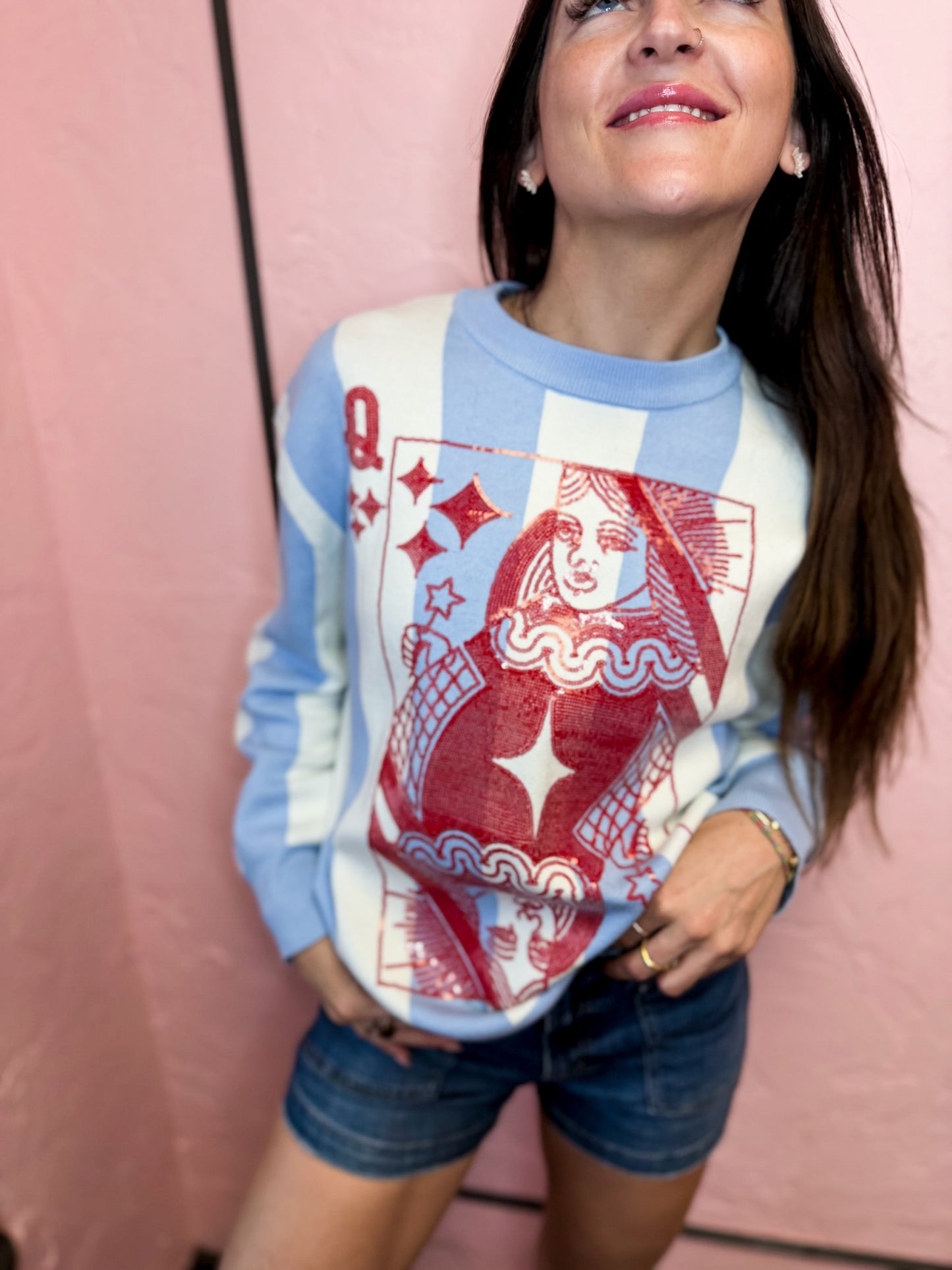 Blue, White & Red Striped QOS Card Logo Sweater