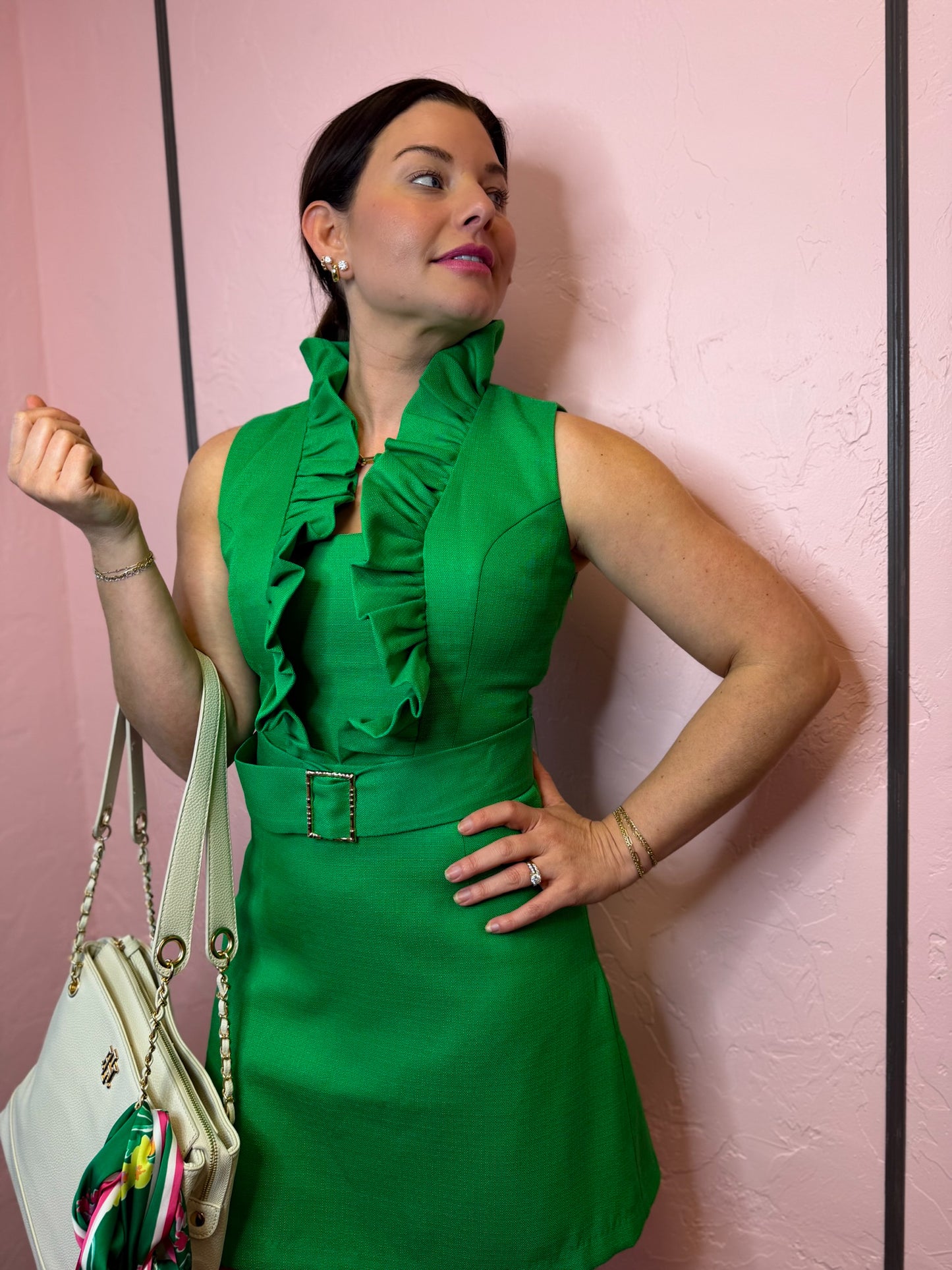 Prosperina Mercedes Green Cotton Ruffle Belted Mini Dress