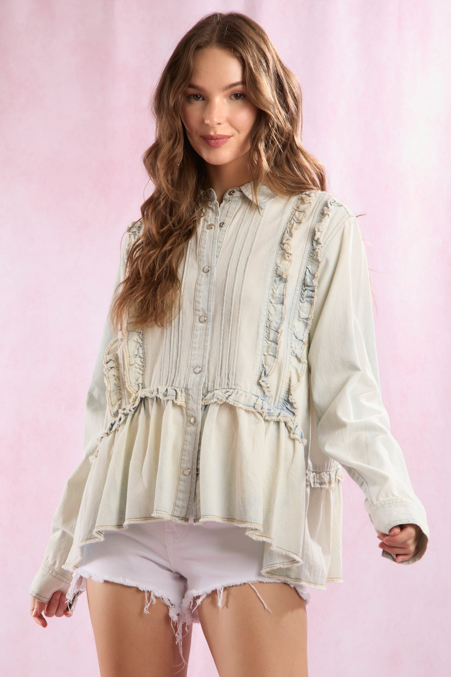 Washed Out Denim Ruffle Blouse