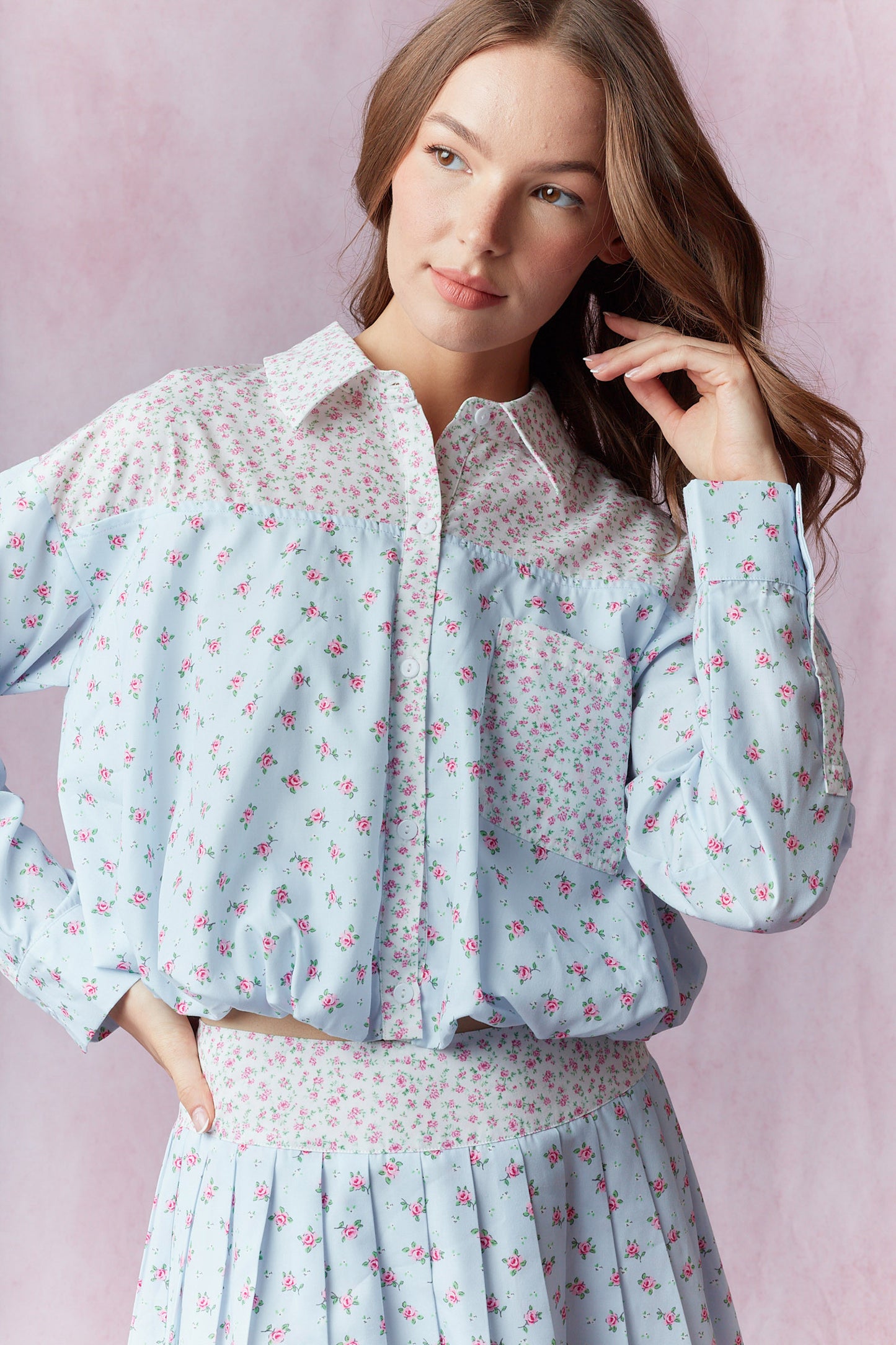 Ditsy Floral Bubble Hem Cropped Shirt