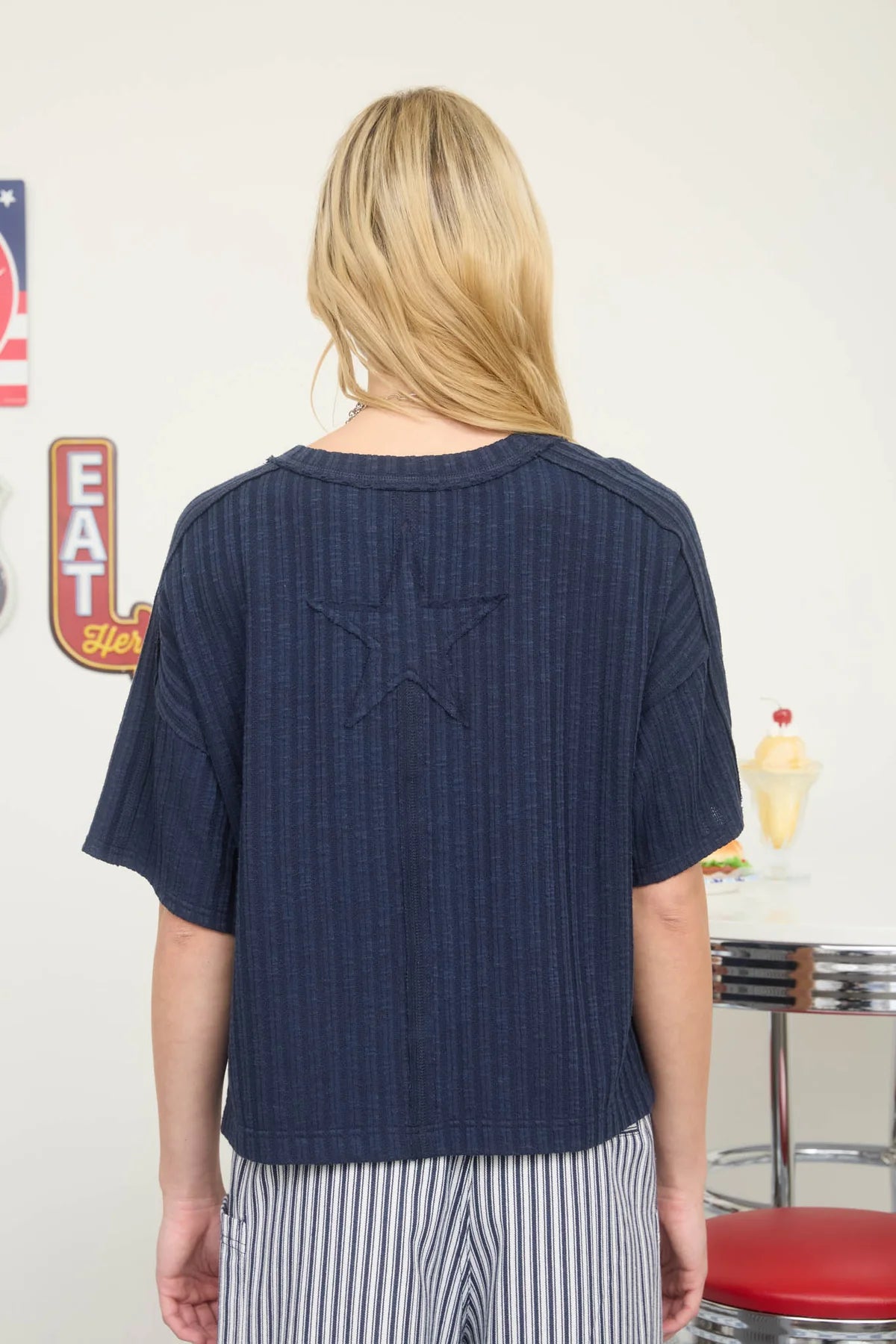 Navy Star Patch Ribbed Knit Boxy Tee