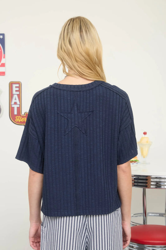 Navy Star Patch Ribbed Knit Boxy Tee