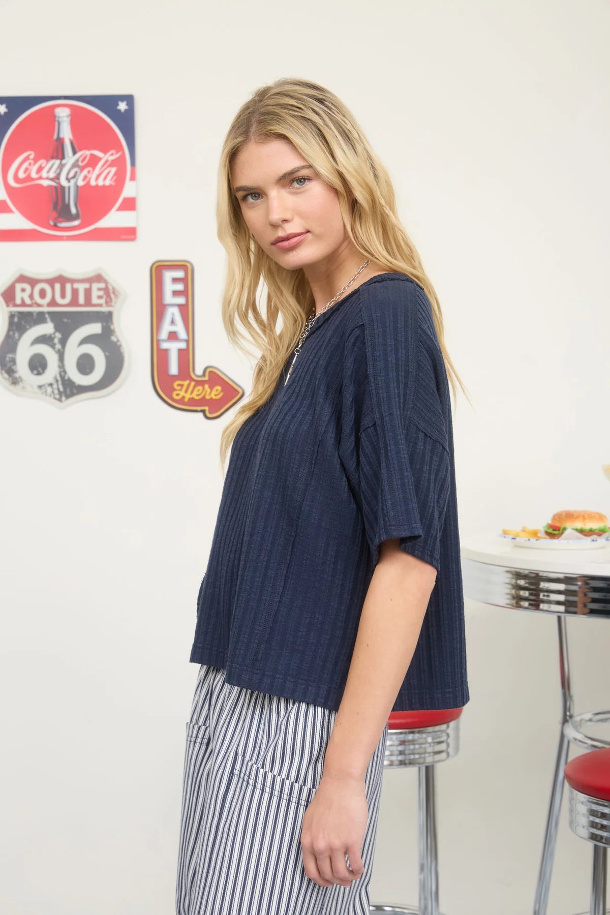 Navy Star Patch Ribbed Knit Boxy Tee