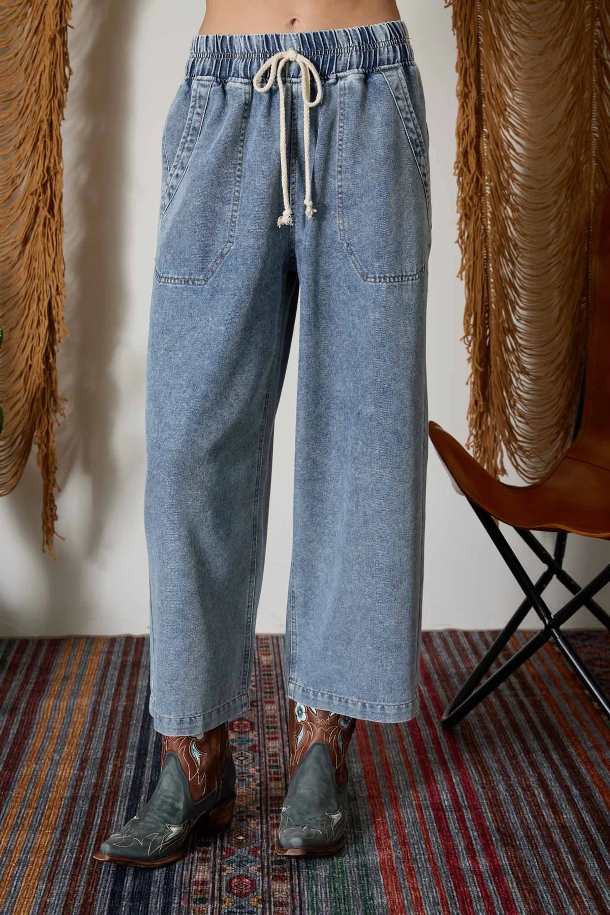 Washed Drawstring Denim Pants
