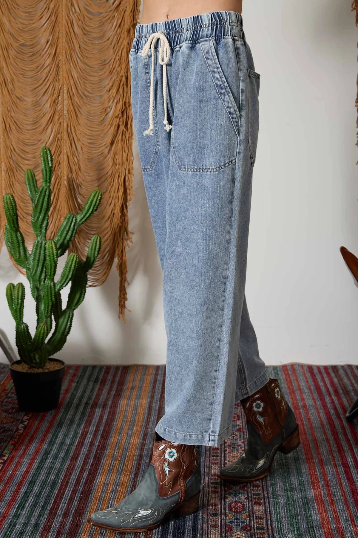 Washed Drawstring Denim Pants