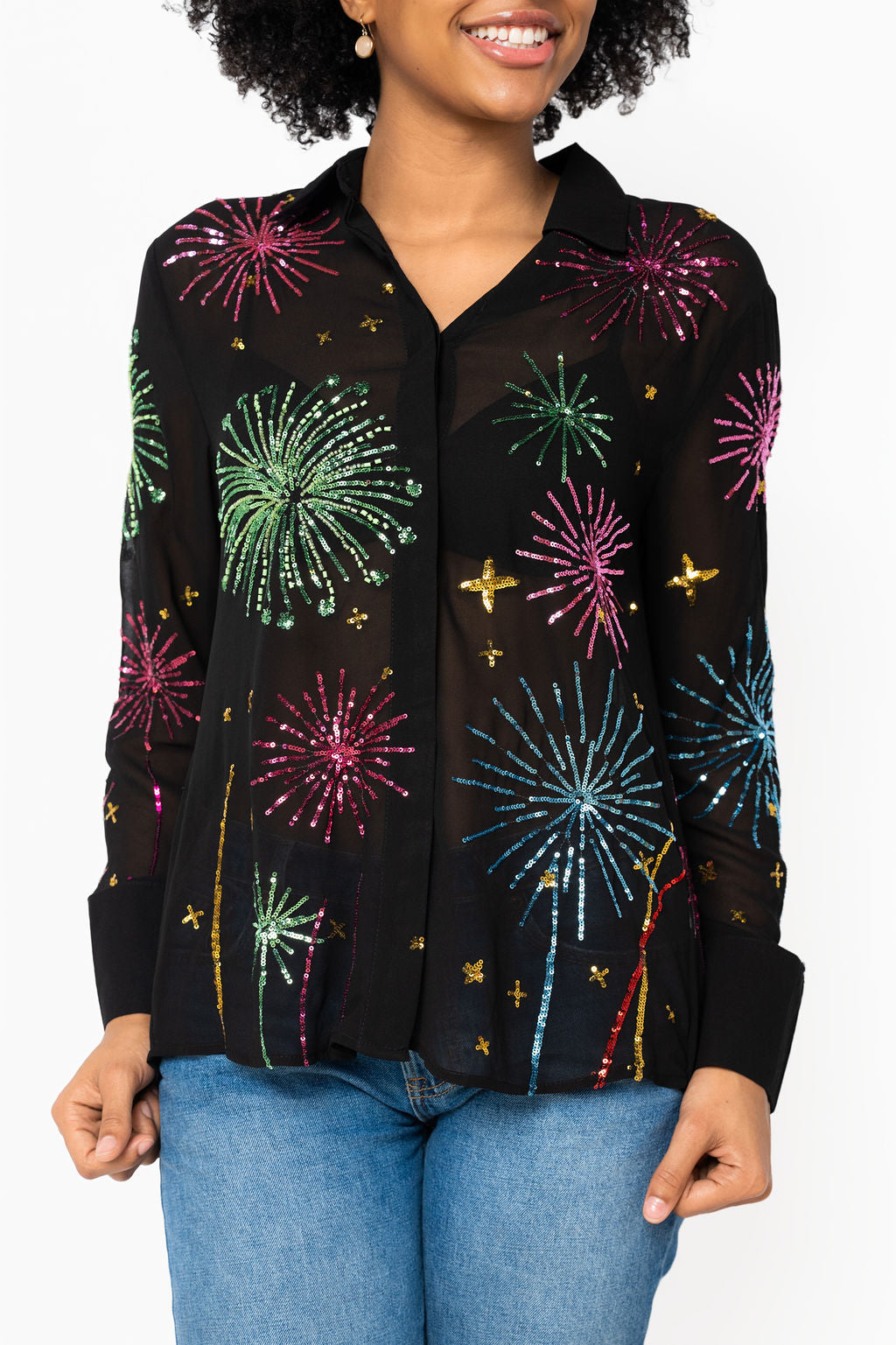 Black Multi Firework Button Up Top