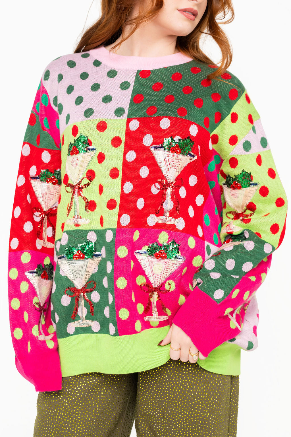 Rainbow Colorblock Polka Dot Christmas Martini Sweater