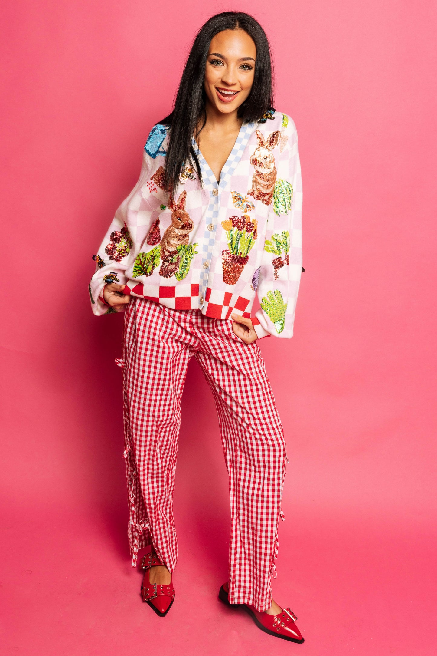 Pink & White Checkered Bunny Cardigan