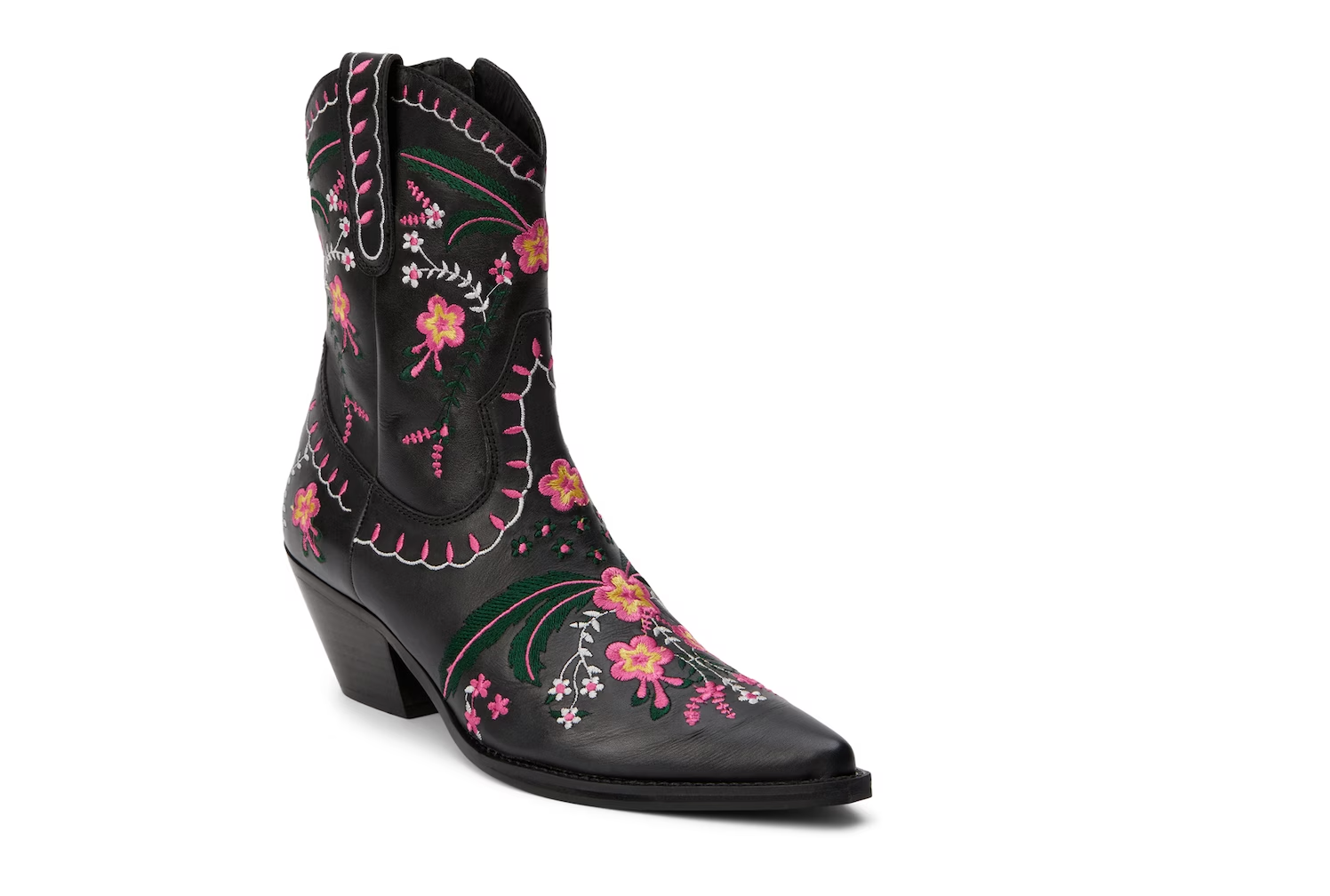 a pair of black cowboy boots with pink flowers
