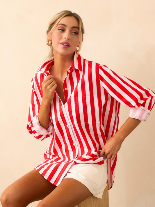 Cherry Red Stripe Paula Button Front Top