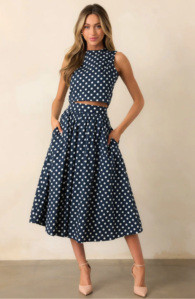 Erica Navy Polka Dot Midi Skirt