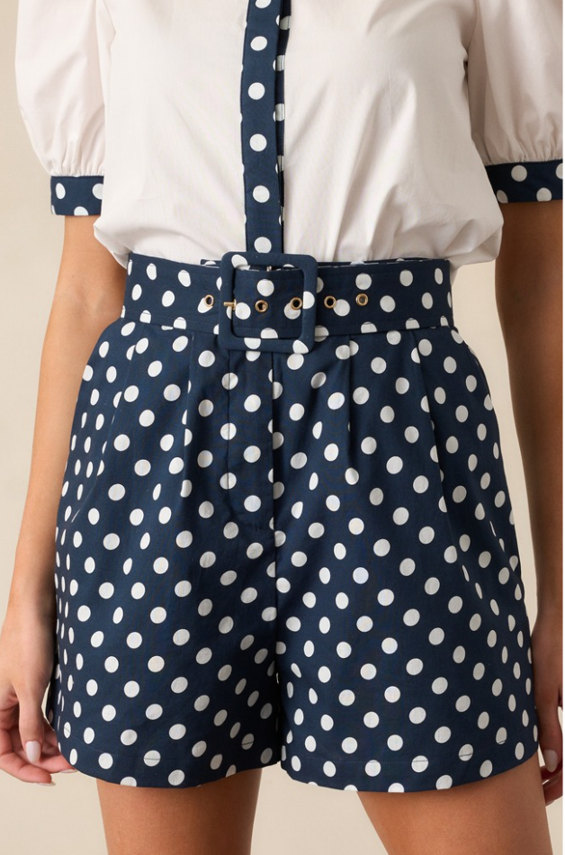Colleen Navy Polka Dot Classic Belted Shorts