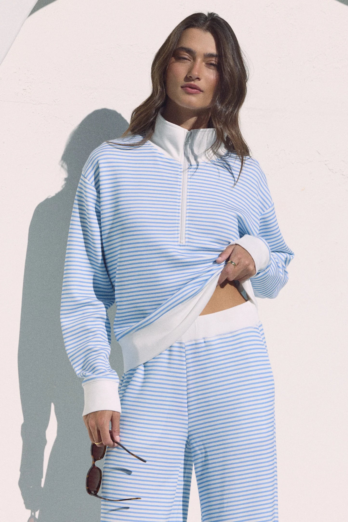 Salty Blue Striped Cloud Fleece Quarter Zip