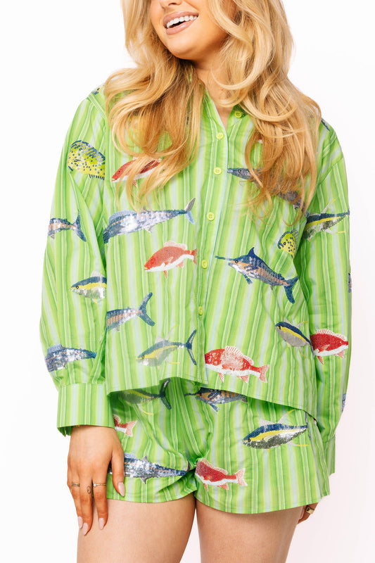 Green Striped Multi Fish Button Up Top