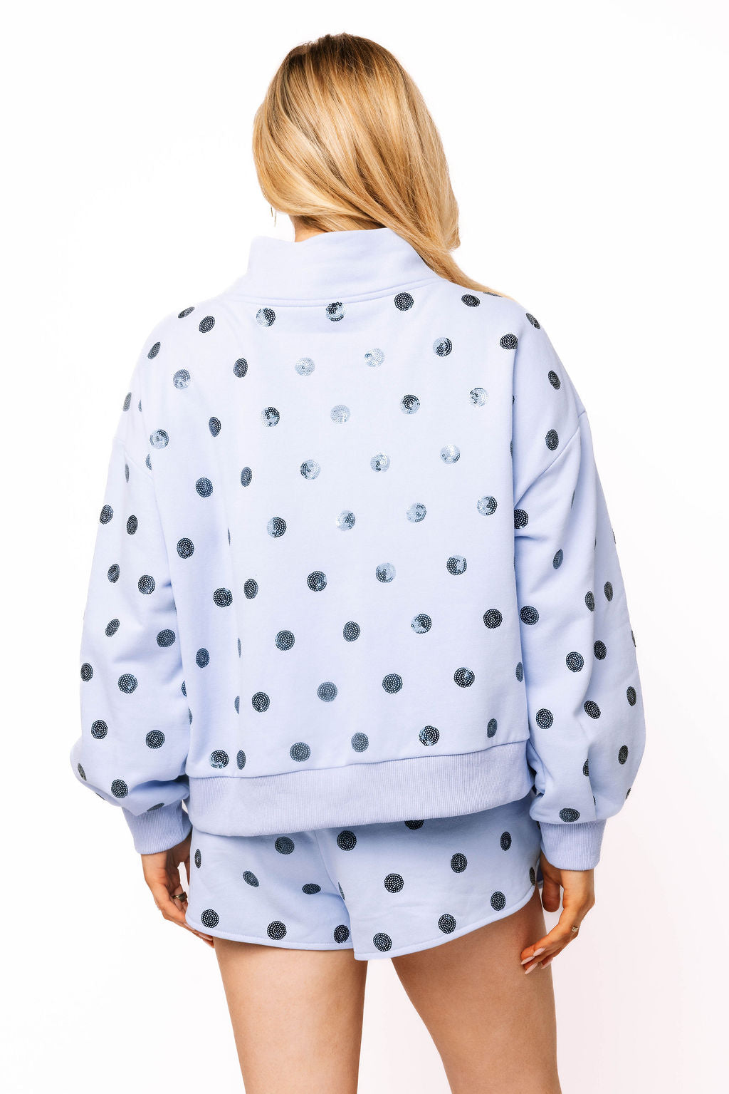 Pale Blue Polka Dot QOS Card Logo Mock Neck Sweatshirt