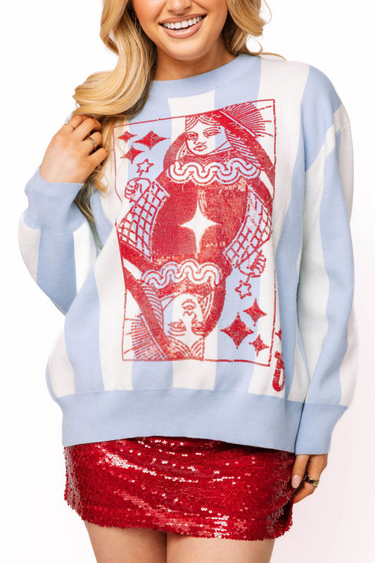 Blue, White & Red Striped QOS Card Logo Sweater