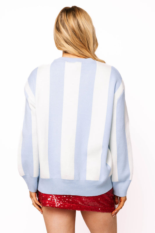 Blue, White & Red Striped QOS Card Logo Sweater