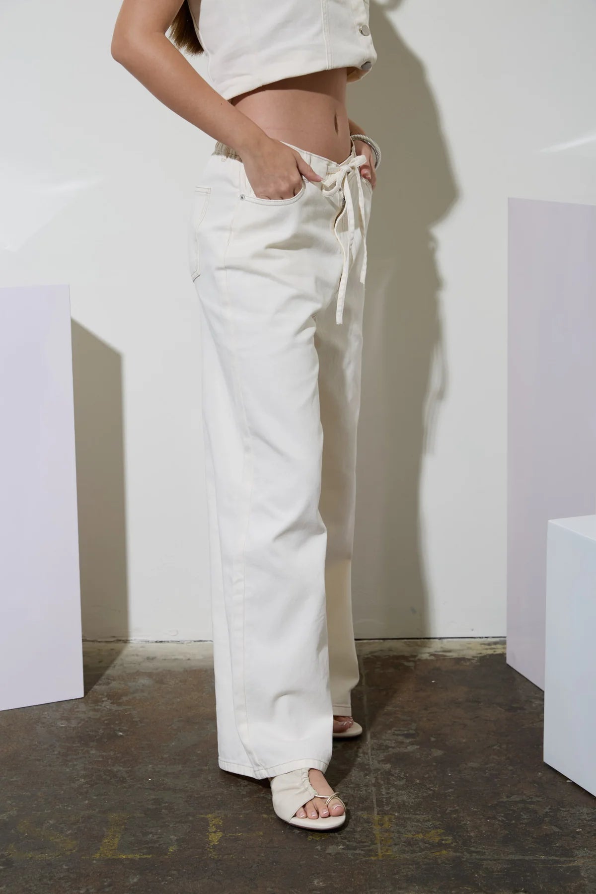 Ivory Drawstring Denim Pants