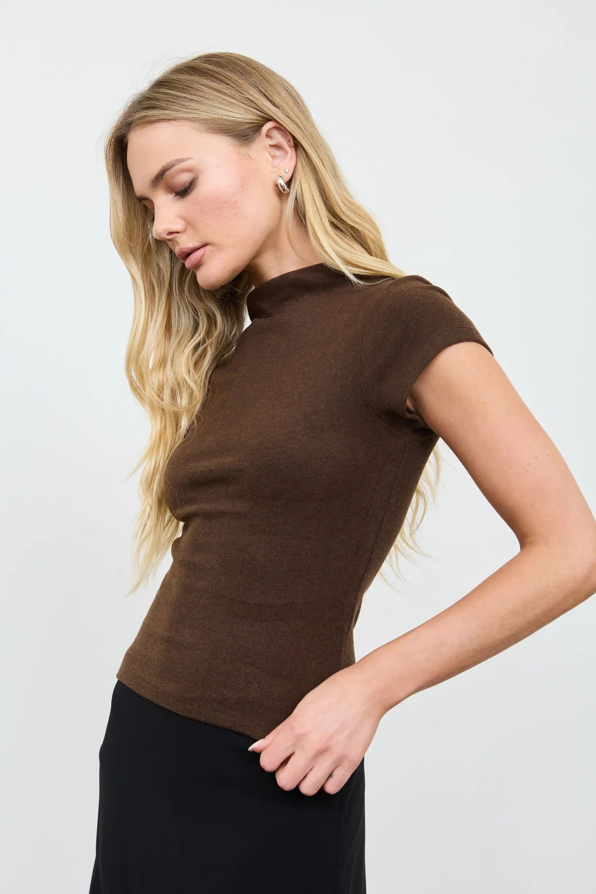 Brown Mockneck Heathered Knit Top