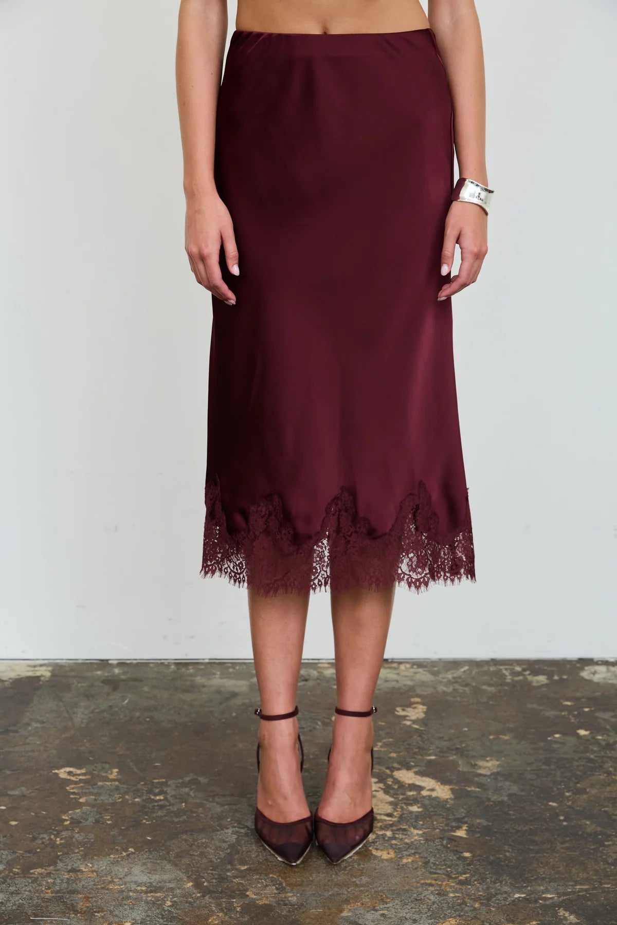 Burgundy Satin Scalloped Lace Trim Midi Skirt