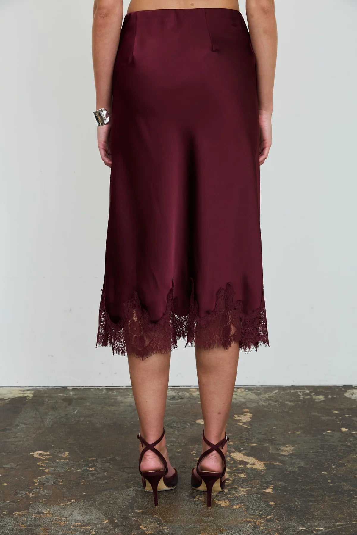 Burgundy Satin Scalloped Lace Trim Midi Skirt