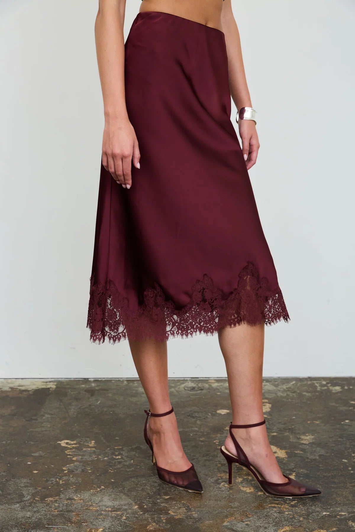 Burgundy Satin Scalloped Lace Trim Midi Skirt
