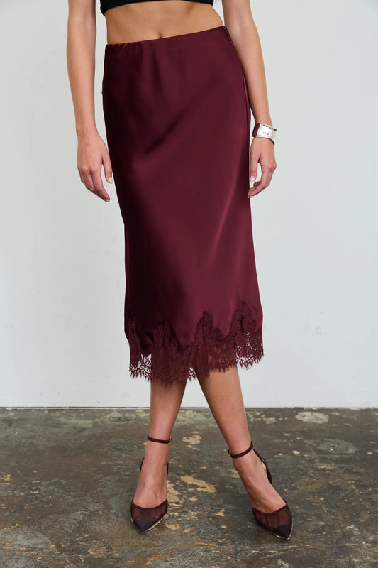 Burgundy Satin Scalloped Lace Trim Midi Skirt