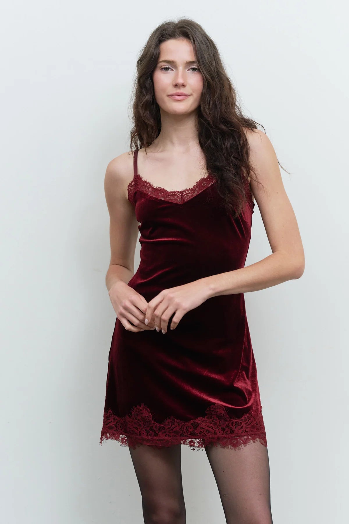 Velvet Kiss Lace Mini Dress in Redwood