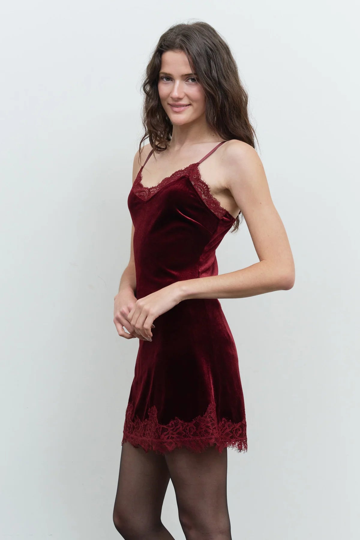 Velvet Kiss Lace Mini Dress in Redwood