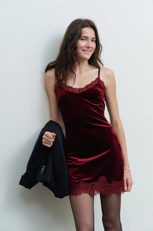 Velvet Kiss Lace Mini Dress in Redwood