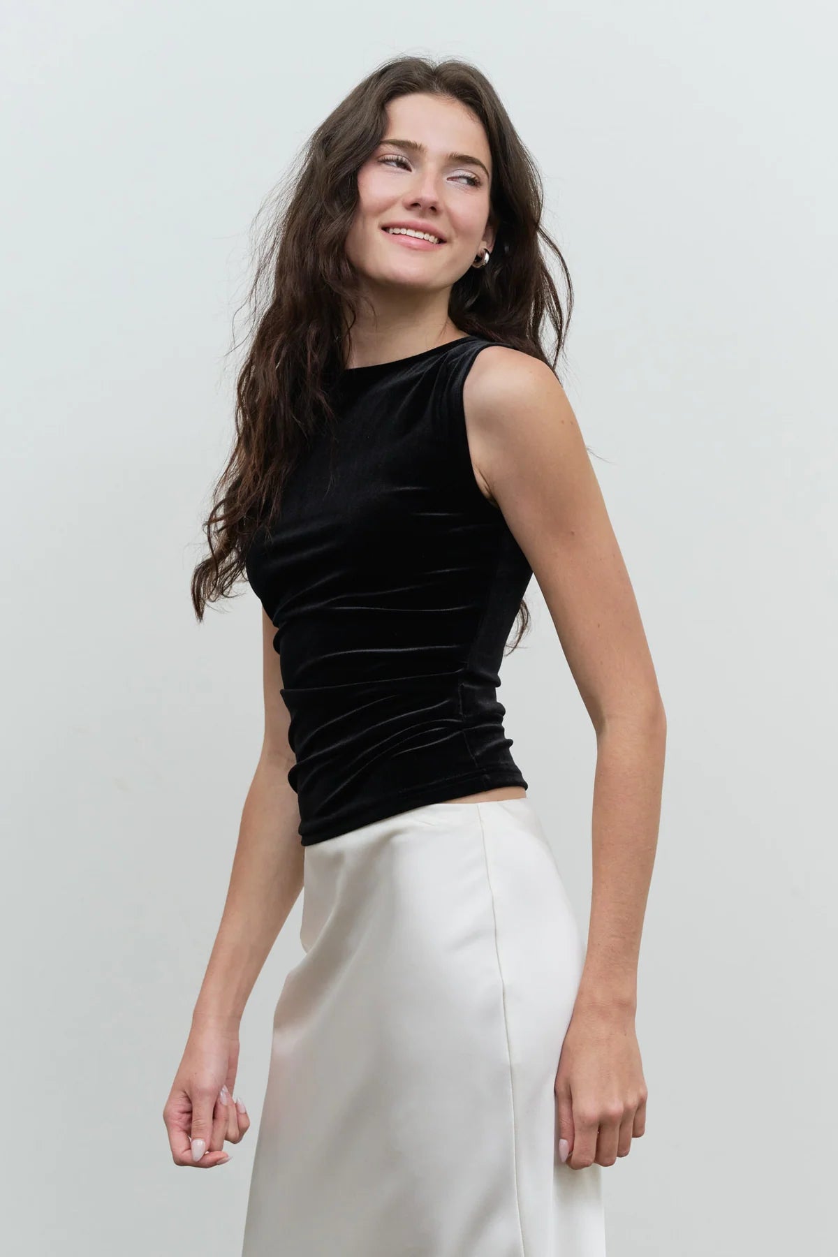 Ruched Velvet Tank in Black