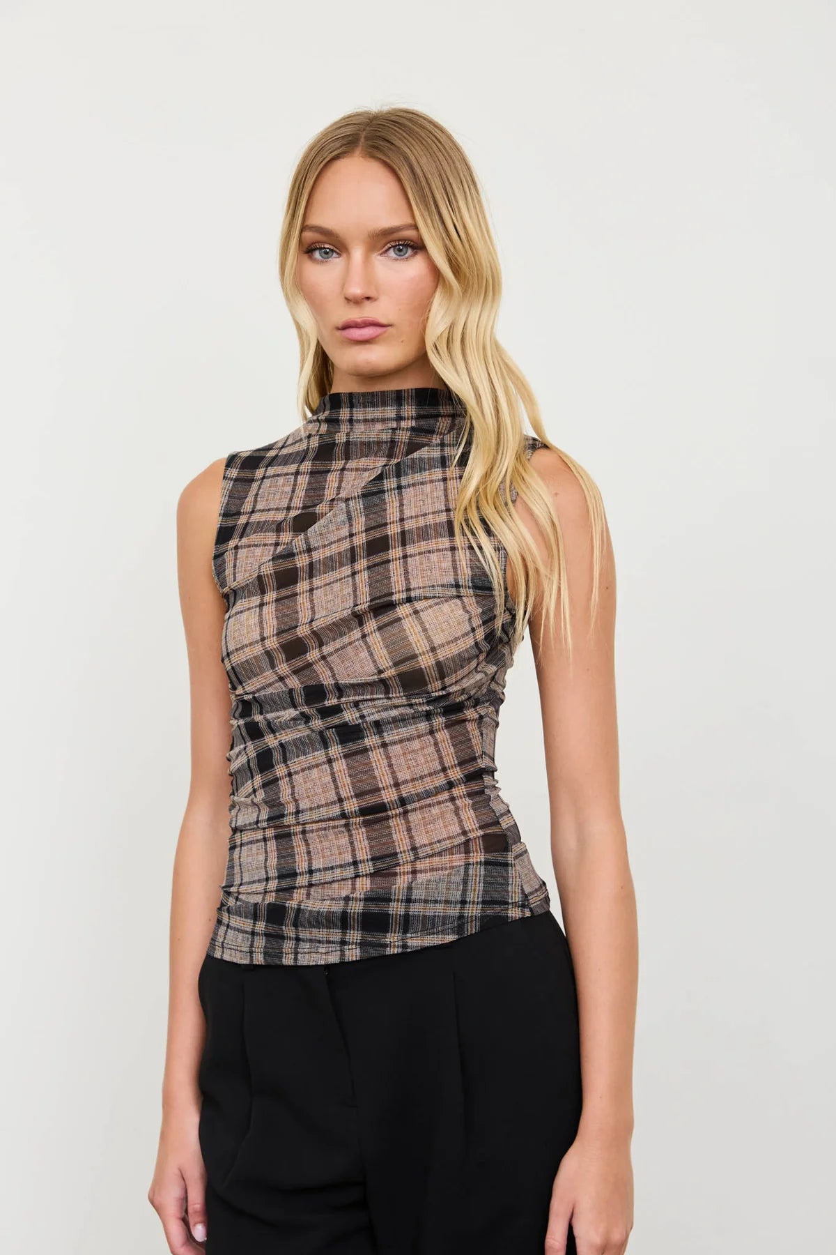 Plaid Mockneck Ruched Sleeveless Mesh Top