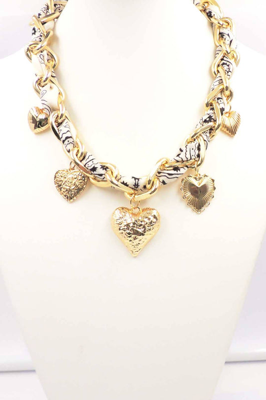 Gold Link Chain White and Black Scarf Wrapped Charm Necklace