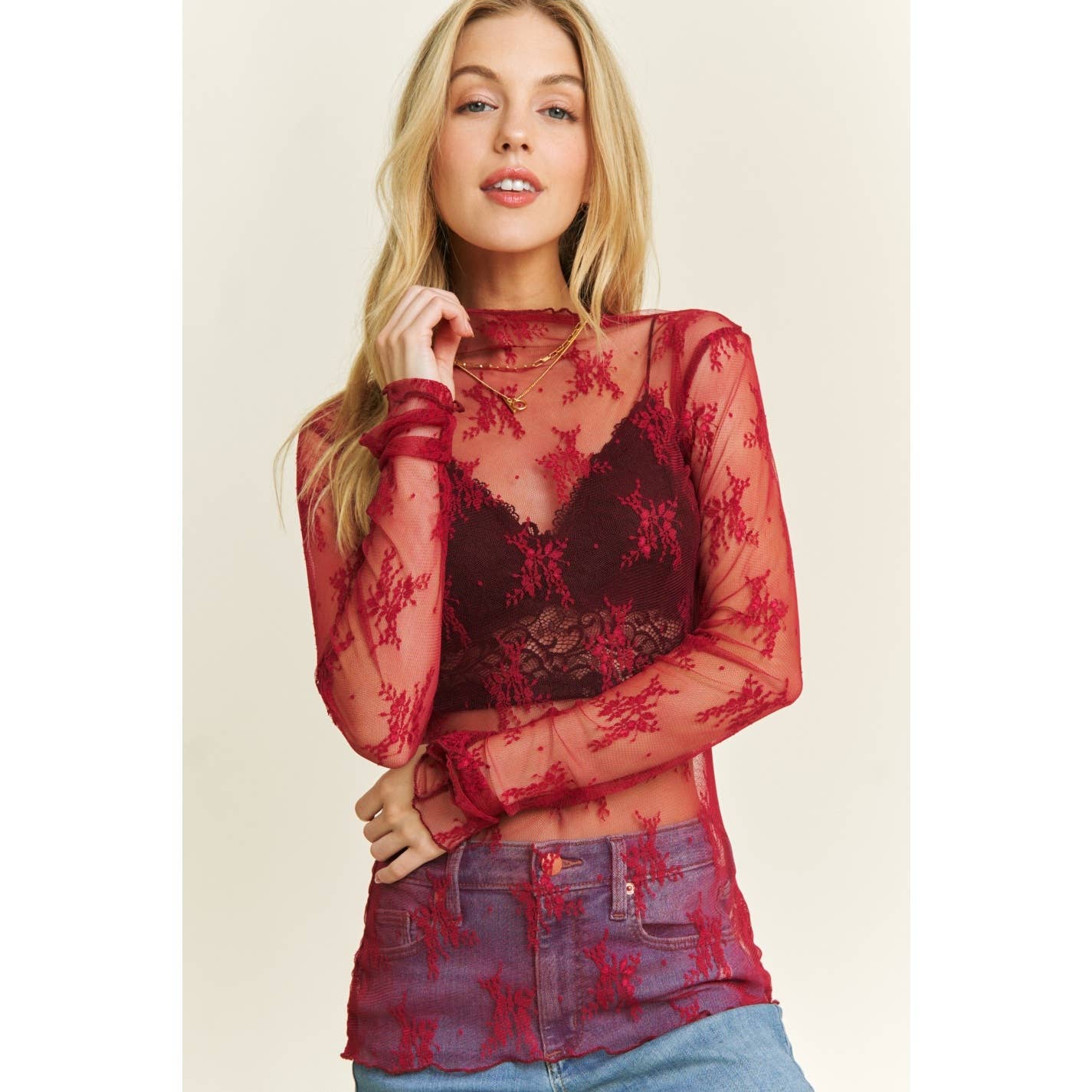 Mesh Lace High Neck Top