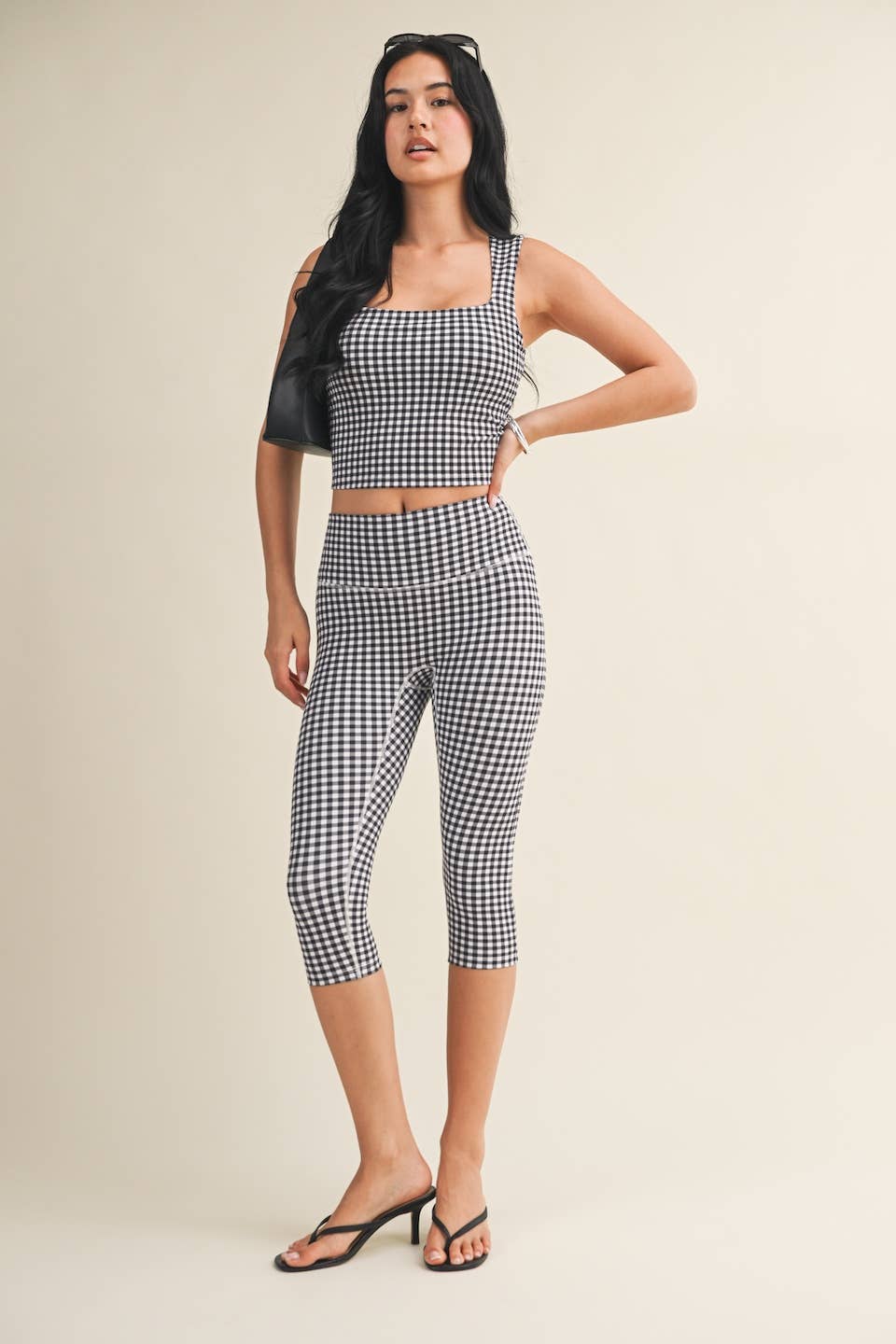 Black Gingham Print Wide Strap Fitted Tank