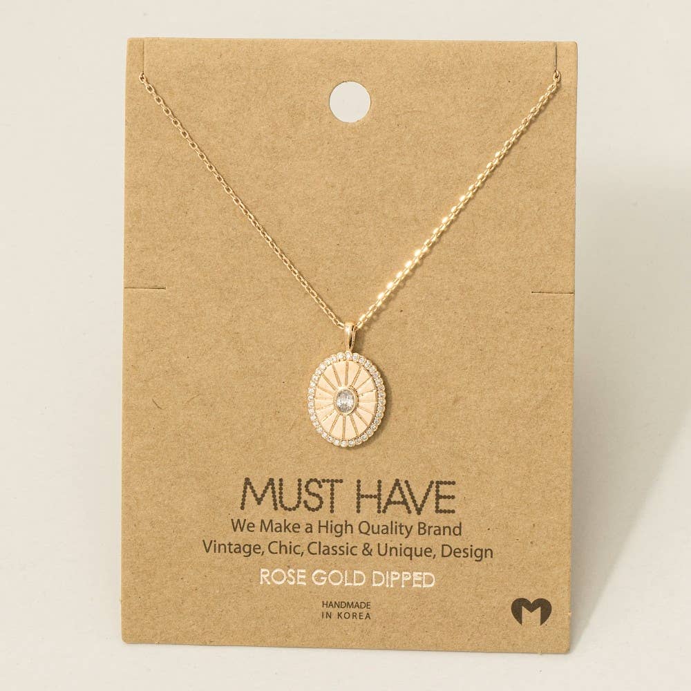Gold Dipped Intricate Cz Halo Oval Pendant Necklace