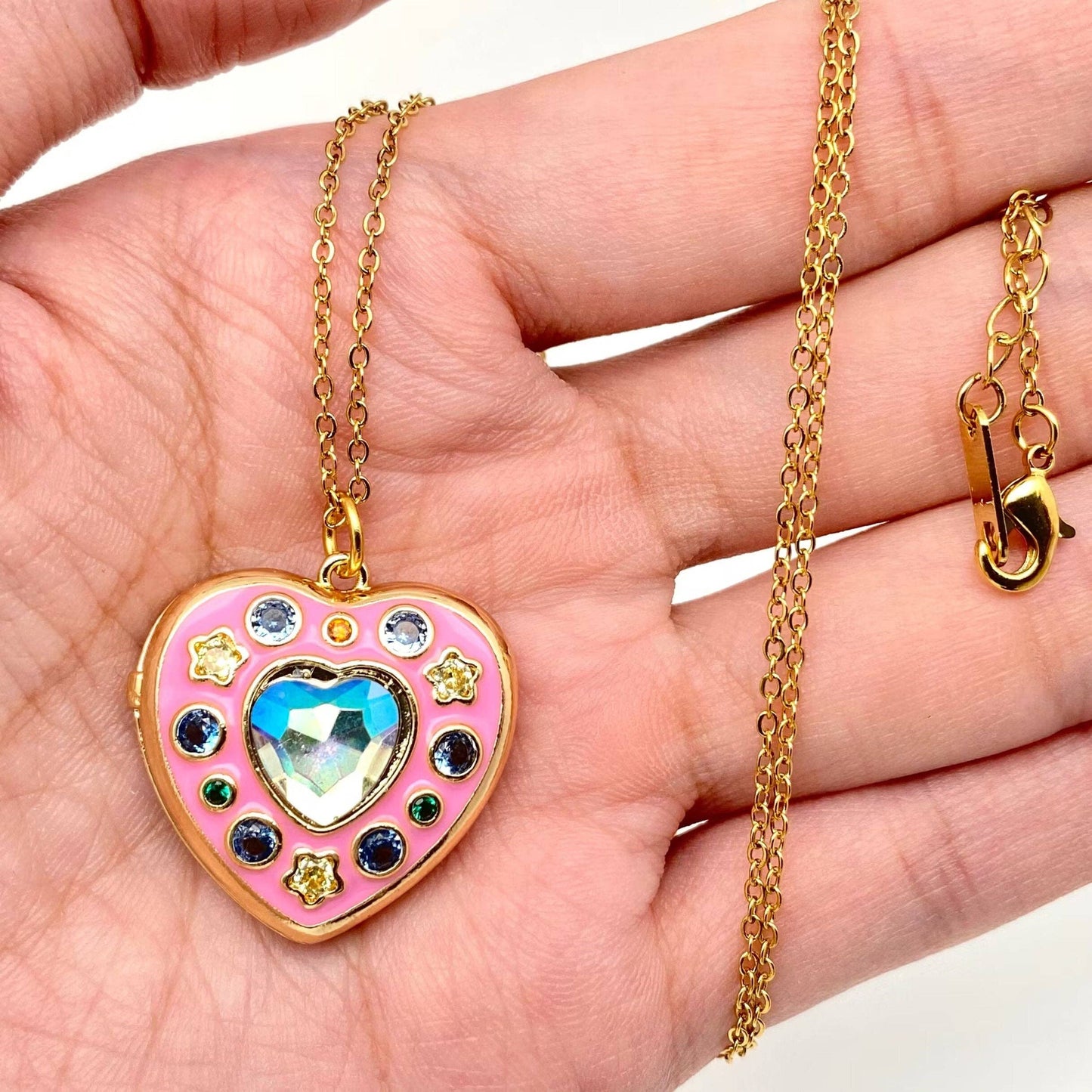 Enamel Pink Heart-shaped Photo Album Pendant Necklace