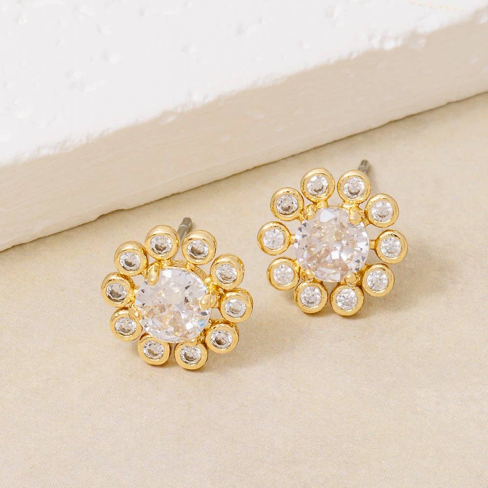 Gold Dipped Halo Cz Set Stud Earrings